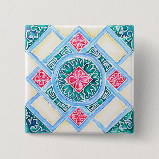 Peranakan Geometric Tegel Blauwgroen Square Vierkante Button 5,1 Cm