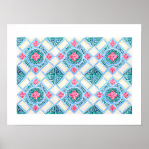 Peranakan Geometric Tile Blauwgroen Poster