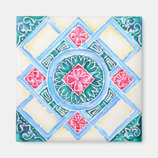 Peranakan Geometrische Tegel Blauwgroen Magneet (Voorkant)