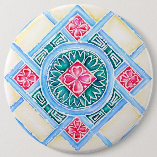 Peranakan Geometrische Tegel Blauwgroen Ronde Button 6,0 Cm (Voorkant)
