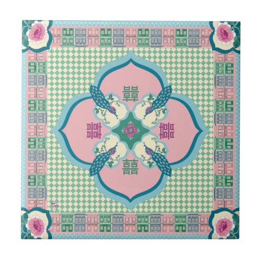 Peranakan Pauw Dubbel Geluk Tegeltje – Pastel N (Voorkant)