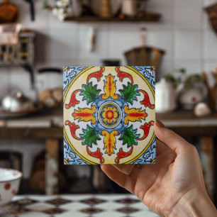 Peranakan Red Oranje Flower Green-verlof Tegeltje