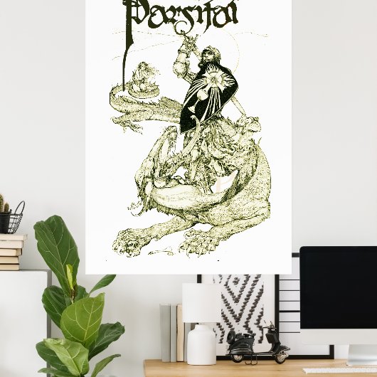 PERCEVAL FIGHTING DRAGON,VRAGENHOLY GRAIL Fantasy Poster (Thuiskantoor)