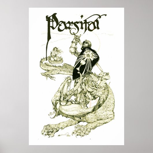 PERCEVAL FIGHTING DRAGON,VRAGENHOLY GRAIL Fantasy Poster (Voorkant)