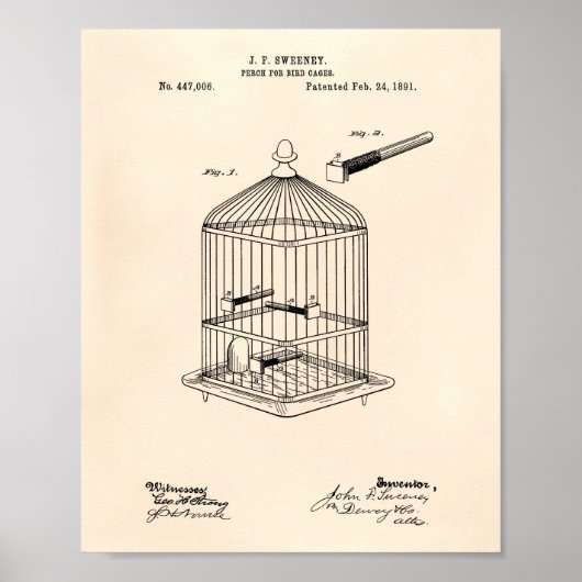 Perch for Bird Cages 1891 Patent Art Old Peper Poster (Voorkant)