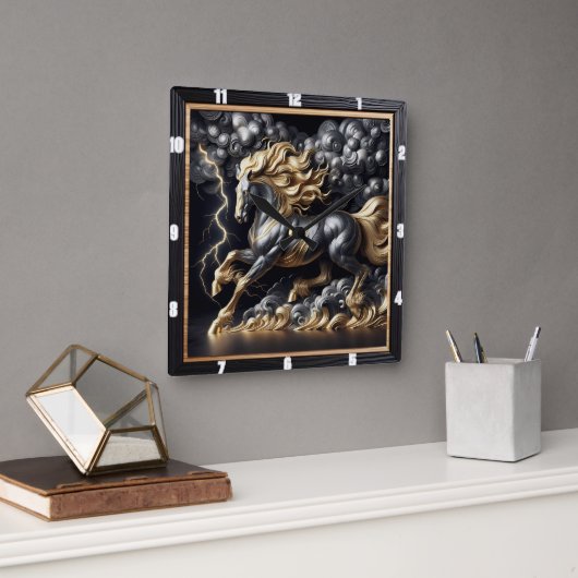 Percheron Horse Time: Goudmetaal, Custom Art Storm Vierkante Klok (Kantoor)