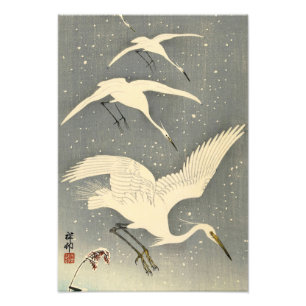 Perching Herons in Sneeuw van Ohara Koson Foto Afdruk