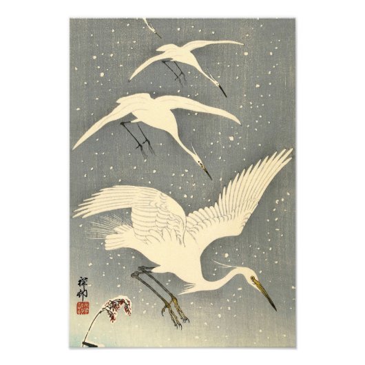 Perching Herons in Sneeuw van Ohara Koson Foto Afdruk (Voorkant)