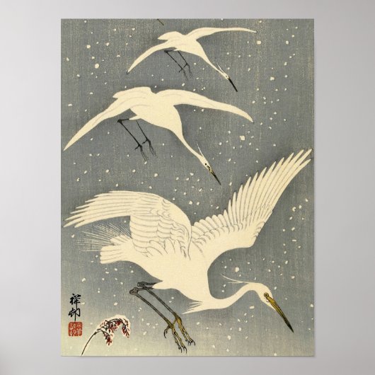 Perching Herons in Snow, 1936, door Ohara Koson Poster (Voorkant)