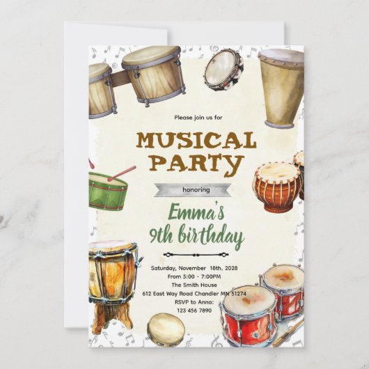 Percussion Birthday party Invitation Kaart (Voorkant)