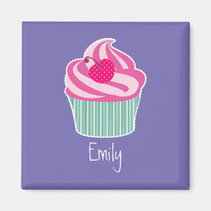 Perdonalized Pink Cupcake WIth Polka Dot Cherry Magneet