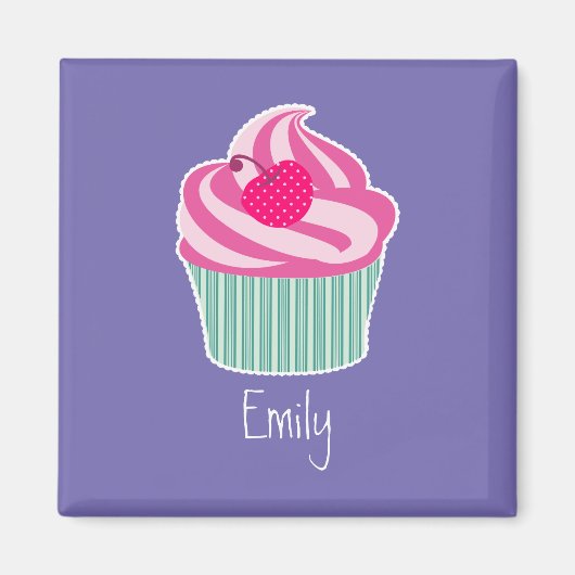 Perdonalized Pink Cupcake WIth Polka Dot Cherry Magneet (Voorkant)