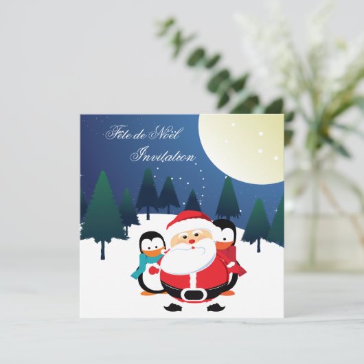Père Noël et Manchot Fête de Noël uitnodiging (Staand voorkant)