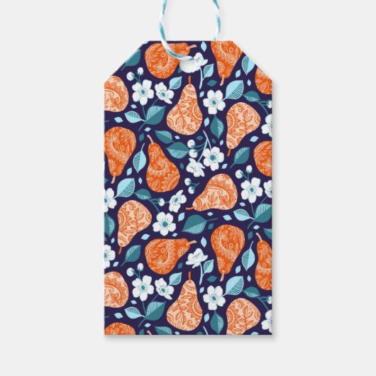 Peren en bloesems in Sinaasappel en blauw Cadeaulabel (Voorkant)