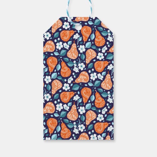 Peren en bloesems in Sinaasappel en blauw Cadeaulabel (Achterkant)