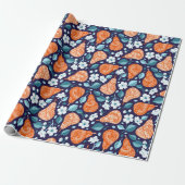Peren en bloesems in Sinaasappel en blauw Cadeaupapier (Uitgerold)