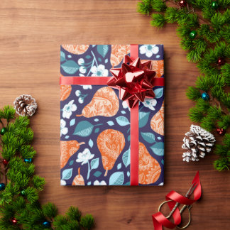 Peren en bloesems in Sinaasappel en blauw Cadeaupapier