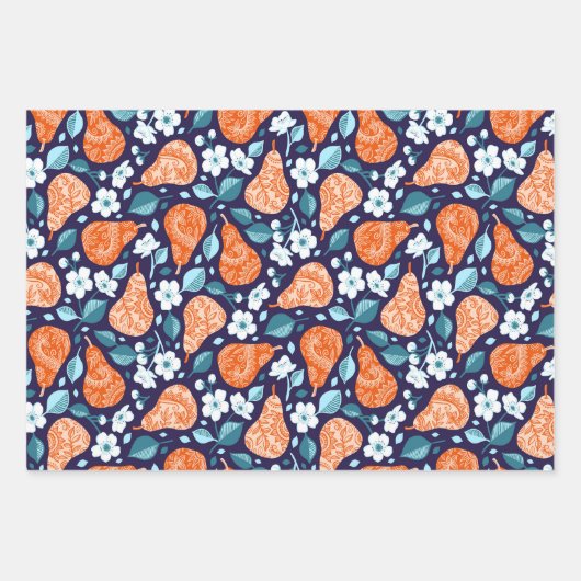 Peren en bloesems in Sinaasappel en blauw Inpakpapier Vel (Voorkant 3)