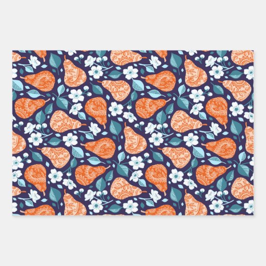 Peren en bloesems in Sinaasappel en blauw Inpakpapier Vel (Voorkant 2)