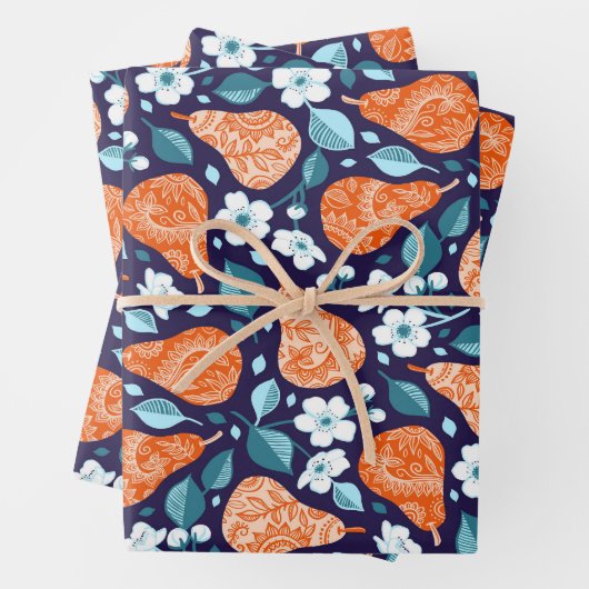 Peren en bloesems in Sinaasappel en blauw Inpakpapier Vel (In situ)