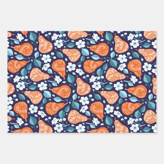 Peren en bloesems in Sinaasappel en blauw Inpakpapier Vel (Voorkant)