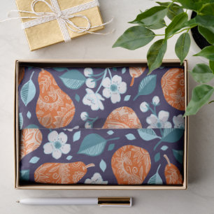 Peren en bloesems in Sinaasappel en blauw Tissuepapier