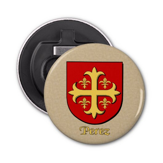 Perez Heraldic Arms op perkament stijl terug Button Flesopener (Voorkant)