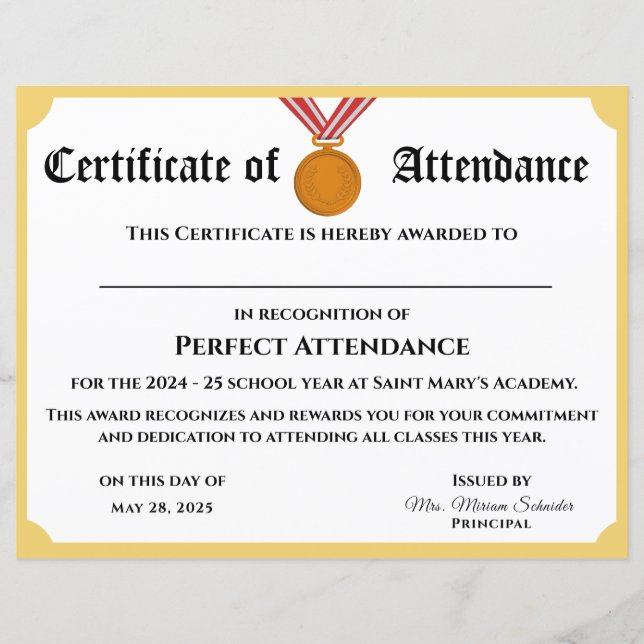  Perfect Attendance Award Certificaat (Voorkant)