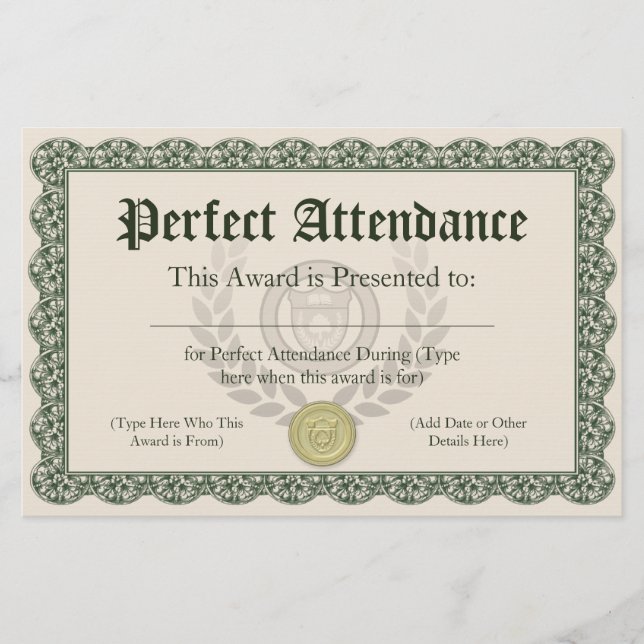 Perfect Attendance Award-certificaat,  (Voorkant)