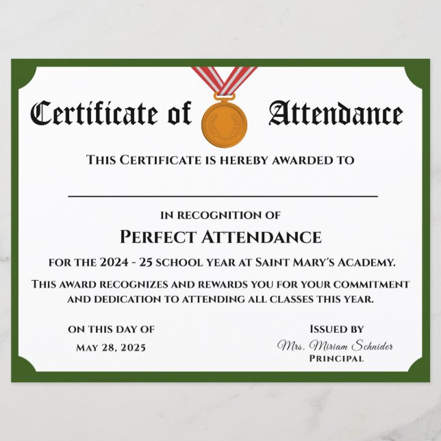  Perfect Attendance Award Certificaat (Voorkant)