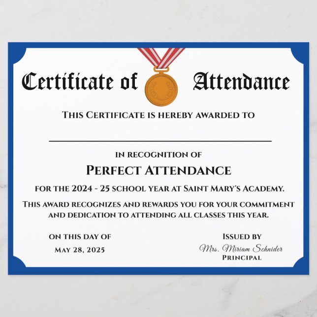  Perfect Attendance Award Certificaat (Voorkant)