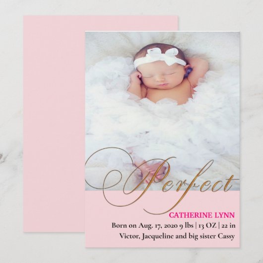 Perfect Baby Girl Birth Announement Kaart (Voorkant / Achterkant)