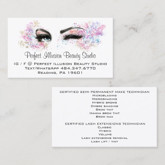 Perfect Beauty Studio Services Lashes Makeup Visitekaartje (Voorkant / Achterkant)