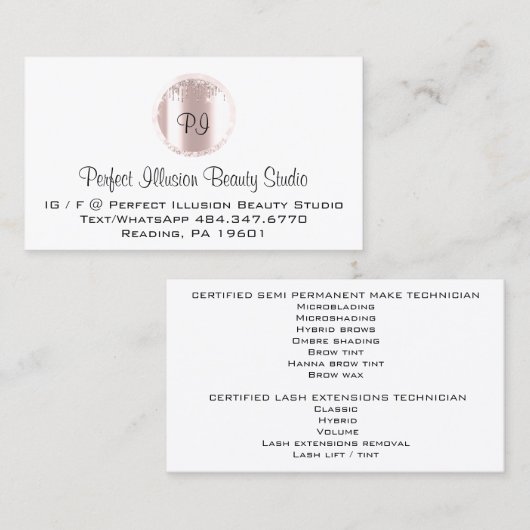 Perfect Beauty Studio Services Monogram Roos Visitekaartje (Voorkant / Achterkant)