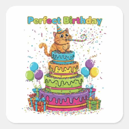 Perfect Birthday Cute Cartoon Cat on Rainbow Cake  Vierkante Sticker (Voorkant)
