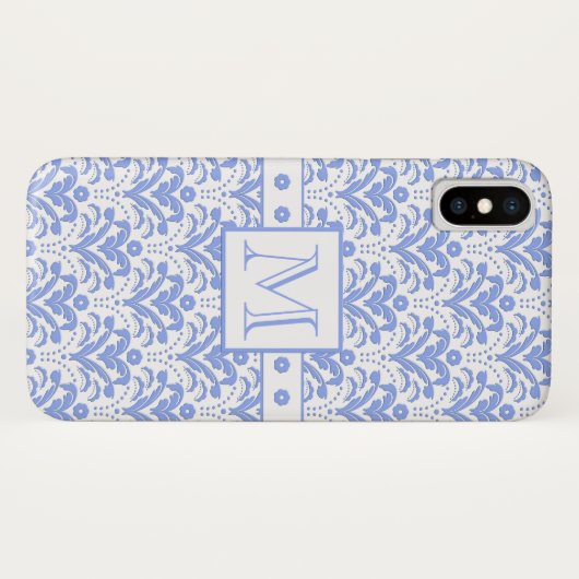 Perfect Elegance Blauw en Wit Monogram Damast Case-Mate iPhone Case (Achterkant (horizontaal))