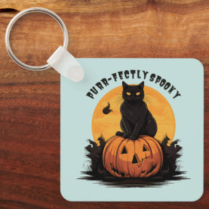 Perfect griezelige zwarte kat op pompoen Halloween Sleutelhanger