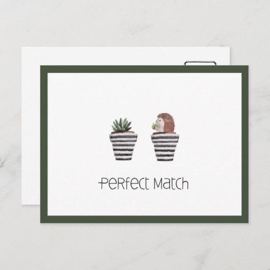 Perfect Match | Cute Hedégel & Cactus Love Briefkaart (Voorkant / Achterkant)
