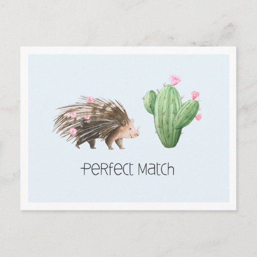 Perfect Match | Cute Porcupine & Cactus Love Briefkaart (Voorkant)