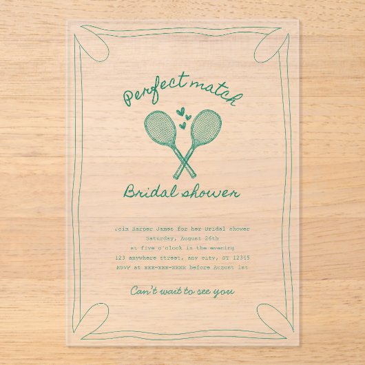 Perfect match tennis acryl vrijgezellenfeest acryl uitnodigingen (Voorkant)