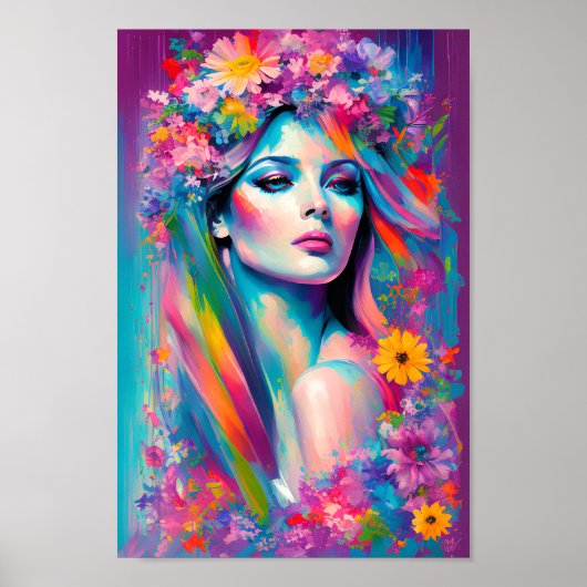 Perfect Mooie Bloemen Regenboog Waterverf Vrouw Poster (Voorkant)