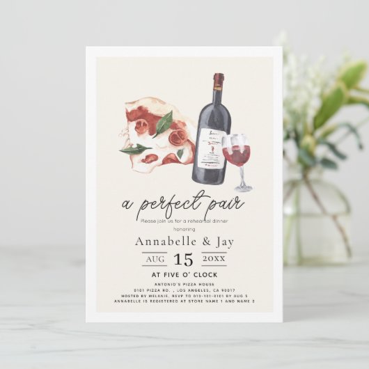 Perfect Paar Pizza & Wine Rehearsal Dinner Kaart (Staand voorkant)