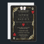 Perfect Pair Ace Casino Las Vegas Poker Huwelijk Kaart<br><div class="desc">Uniek Casino Royale, art deco Perfect Pair thema kaartontwerp. Het heeft een vintage art deco stijl, een Roaring Twenties oude Hollywood gebroken lijst met namaak goud folie Fleur-de-lis, rode harten, Q en K op twee hoeken (die speelkaarten simuleren) en Azen om Perfect Pair te symboliseren, op een gouden zwarte Art...</div>