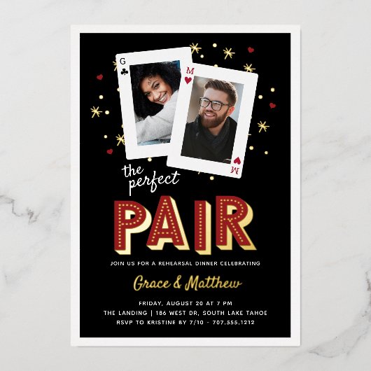 Perfect Pair Casino Theme Rehearsal Dinner Folie Uitnodiging (Voorkant)