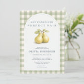 Perfect Pair Pear Gingham Groen Bruiloftsfeest Kaart (Staand voorkant)