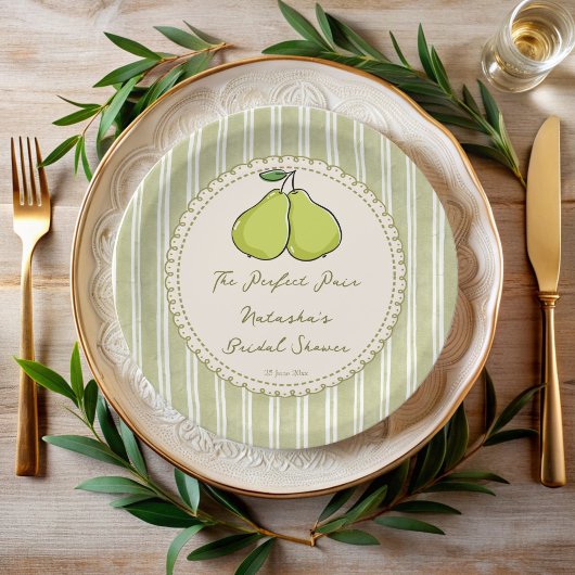 Perfect pair sage green stripe pear bridal shower papieren bordje