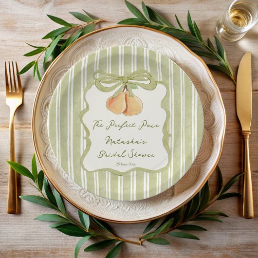 Perfect pair sage green stripe pear bridal shower papieren bordje