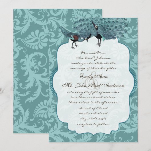 Perfect Pair Zee Blue Damask Peacock Elegance Kaart (Voorkant / Achterkant)