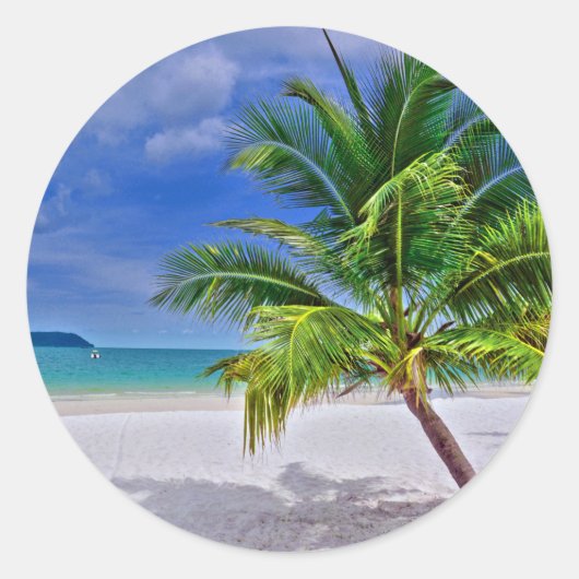 Perfect palm Tree Tropical Island Beach Ronde Sticker (Voorkant)