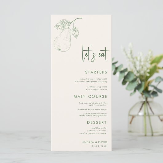 Perfect Pear Pair Theme Let's Eat Script Wedding Menu (Staand voorkant)